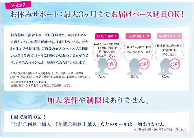 ポイント2 お休みサポート:最大3ヶ月までお届けペース延長OK