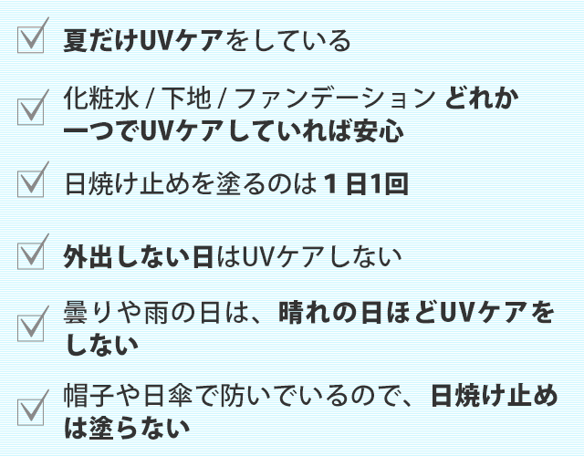 ・夏だけUVケアをしている。 ・一つでUVケアしていれば安心。 ・日焼け止めを塗るのは1日1回。 ・外出しない日はUVケアしない。など
